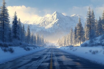 Scenic Winter Wonderland. Journey Through Snow-Capped Mountains and Tranquil Nature on a Picturesque Wilderness Road