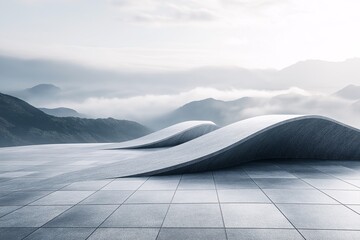 Modern Minimalist Architecture in Serene Landscape with Curved Surreal Lines and Clouds