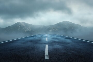 Stormy Mountain Road. Scenic Highway Journey Through Misty, Moody Landscapes