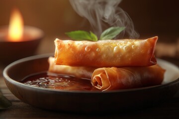 Crispy Asian Spring Rolls. A Savory Vegetarian Appetizer with Dipping Sauce and Fresh Herbs