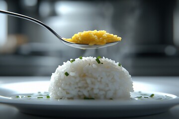 White Rice with Yellow Garnish. A Culinary Delight for Your Dining Table - Fluffy, Nutritious, and Delicious Meal with Fresh Herbs and Seasoning - Perfect Home Cooking and Gourmet Food Photography
