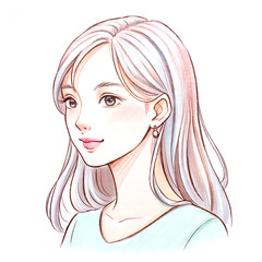 Young Woman Portrait, Long Hair, Watercolor Style Illustration