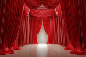 Dramatic Theater Stage with Elegant Red Curtains and Dramatic Lighting for Cinematic Scenes and Cultural Events