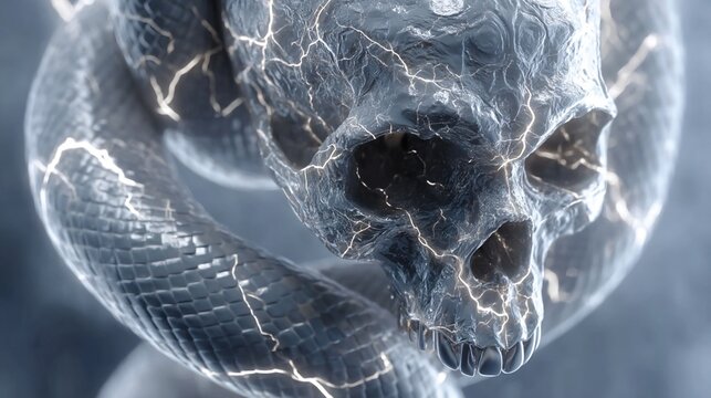A skull, encircled by a coiled snake, is imbued with ethereal energy.  Fractured bone texture and lightning-like veins