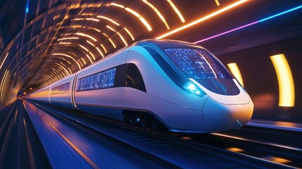 Obraz premium Futuristic train moving through a vibrant tunnel.