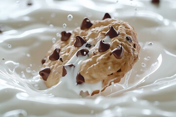 Delicious Chocolate Chip Cookie with Milk Splash. Indulgent Dessert Photography