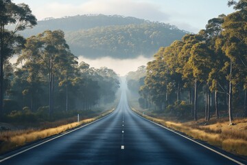Scenic Mountain Road Adventure. Breathtaking Autumn Landscape with Misty Sky and Tall Trees