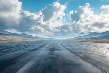 Majestic Highway Journey. Expansive Scenic View and Dramatic Sky with Mountains and Clouds on Empty Open Road
