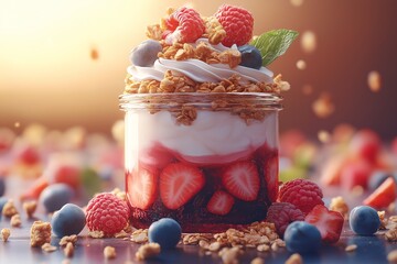 Healthy Layered Berry Parfait with Yogurt and Granola. A Delicious Summertime Breakfast Treat