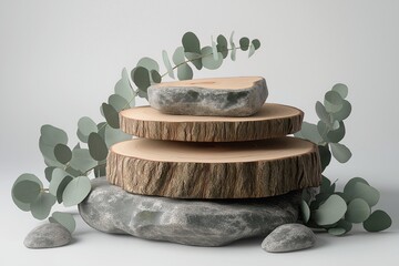 Modern Aesthetic. Minimalistic Wooden Slices and Greenery with Stone Display for Nature-Inspired Home Decor