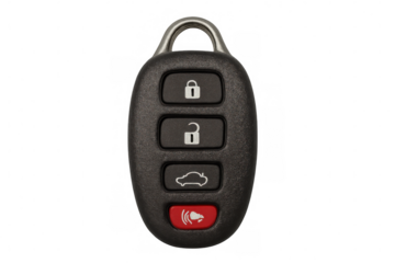 Car key fob featuring lock, unlock, trunk, and panic buttons, isolated against a transparent background for clear visibility and detail