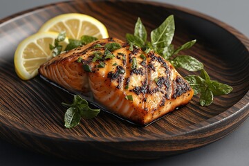 Grilled Salmon Dish. Fresh Herbs, Lemon & Natural Ingredients for a Gourmet Dining Experience