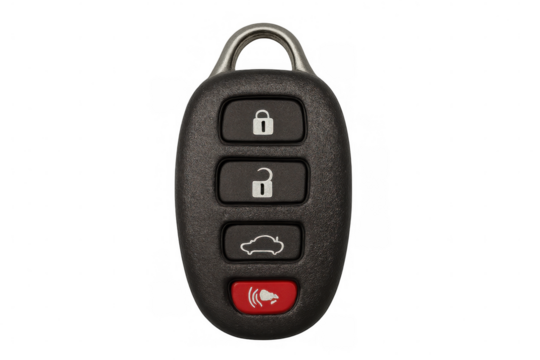 Car key fob featuring lock, unlock, trunk, and panic buttons, isolated against a transparent background for clear visibility and detail