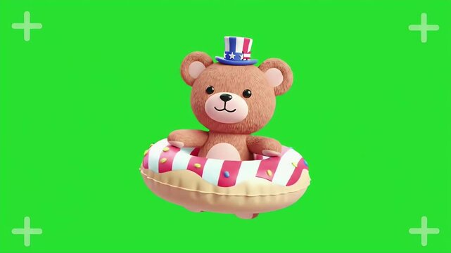 Animated Bear in Inflatable Donut Wearing an American Flag Hat on Green Screen