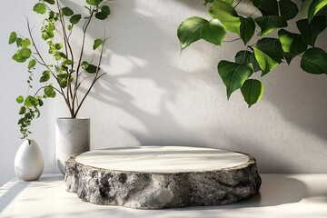 Elegant Wooden Platter with Decorative Greenery and Ceramic Vase in a Modern Minimalist Interior for Sustainable Home Decor