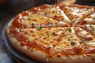 Delicious Baked Italian Pizza with Melted Cheese and Fresh Toppings - Gourmet Fast Food Dining Experience