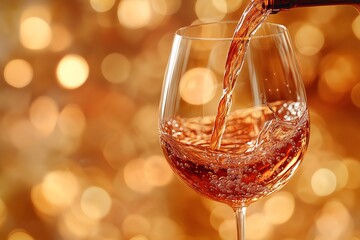Elegant Ros Wine Pouring into Glass - Celebratory Event with Sparkling Bokeh Background