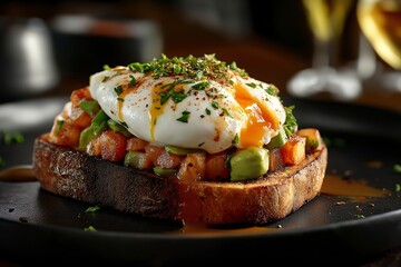 Colorful Morning Brunch. Poached Egg & Avocado on Rustic Artisan Toast - Vibrant Healthy Breakfast for Culinary Connoisseurs