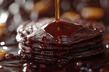 Decadent Gourmet Breakfast. Fluffy Pancakes Drenched in Rich Chocolate Syrup for the Ultimate Sweet Treat