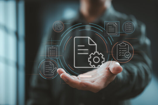 Document management system with icons floating above digital tablet in futuristic style interface - Powered by Adobe
