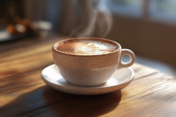 Cozy Morning Coffee Ritual. Steaming Latte in Wooden Cup Surrounded by Sunlit Kitchen Ambiance