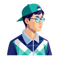Asian Young Man Wearing a Backward Cap and Glasses in Teal and Navy Argyle Sweater – Vector Portrait Illustration