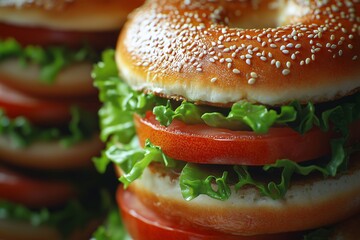 Delicious Sesame Bagel Burger with Lettuce and Tomato - Gourmet Fast Food Using Fresh Ingredients
