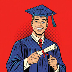 pop art illustration of a Happy graduate male with the diploma