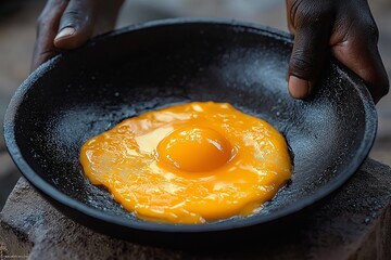 Farm Fresh Breakfast. Cooking Organic Eggs Sunny Side Up in a Rustic Kitchen Pan