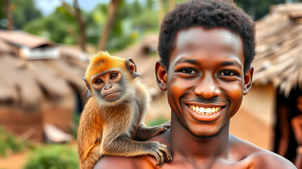 Authentic portrait of happy rural african young guy with a monkey on a shoulder is smiling in camera on a village background. Concept: charity, people,life, happiness, authenticity, love for animals