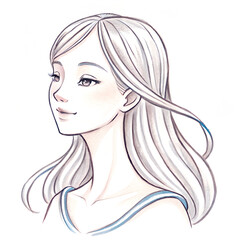 Young Woman with Long White Hair, Profile View Illustration