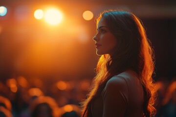 Naklejka premium Captivating Portrait of Woman with Long Hair at a Music Festival Event. Artistic Shot with Vibrant Bokeh and Lighting