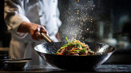 Professional Chef Cooking Stir-Fry in Wok: Fresh Vegetables and Herbs for Colorful Asian Cuisine