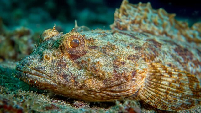 Camouflaged stonefish rests on the seabed its textured skin blending with the ocean floor