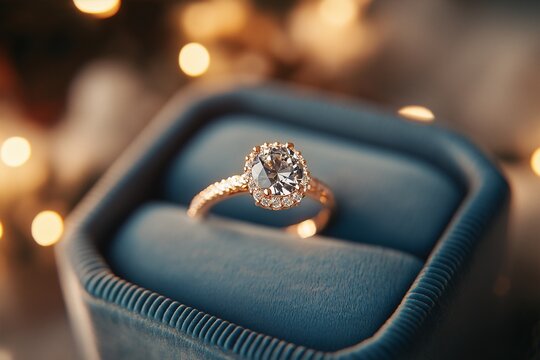 Luxurious Diamond Engagement Ring in Blue Box - Ultimate Romantic Wedding Jewelry and Bridal Accessory
