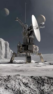 Metallic space exploration robot with satellite dish standing on lunar surface with planets and mountain in the background. Futuristic tech scene.