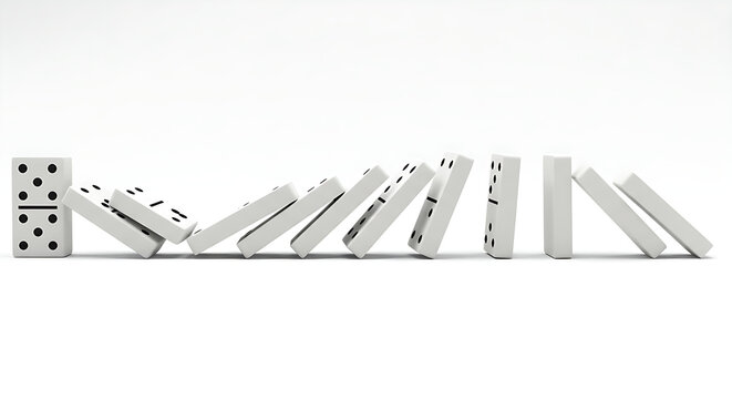 Minimalist 3D domino tiles falling in a precise chain reaction. Concept of cause and effect, consequences, decisions, and processes.