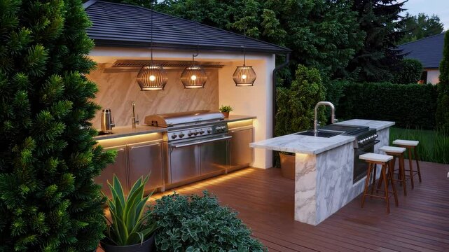 Luxury outdoor kitchen with modern bbq island and seating area evening vibes concept