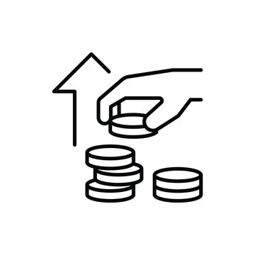 Line Art Icon of Hand Stacking Coins with Upward Arrow Financial Savings and Business Growth Outline Asset Increase
