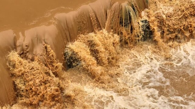 Overhead shot reveals turbulent muddy waters in flood, emphasizing the growing frequency and severity of floods driven by climate change and rising global temperatures. Thailand.

