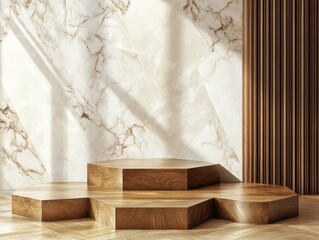 high definition view of smooth wood side luxury level cosmetic cream wall white geometric brown pentagon modern Three fferent podium wooden shape table grain poduim dais floor high detail 8k