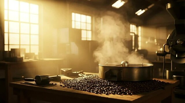 Freshly roasted coffee beans steaming in warm sunlight inside rustic coffee roastery