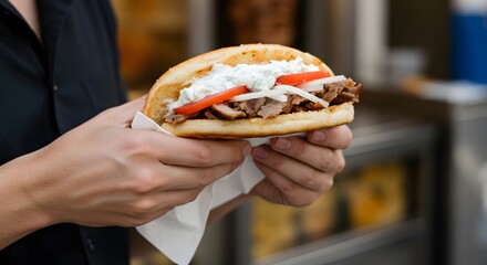 A Delectable Gyro: Capturing a close-up shot of a savory gyro sandwich, filled with succulent meat, fresh tomato, and creamy sauce, presented with inviting appeal.
