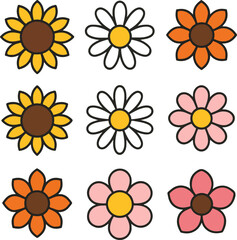 Nine colorful cartoon flowers arranged in a 3x3 grid on a white background