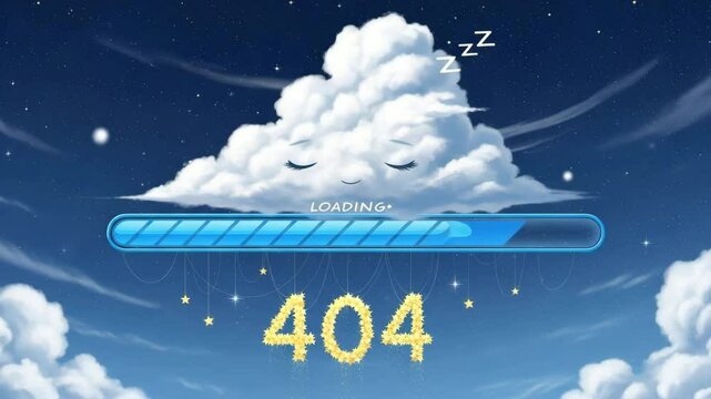 Whimsical nighttime scene uses a dozing cloud and slow-loading bar to creatively illustrate a gentle, humorous page-not-found error