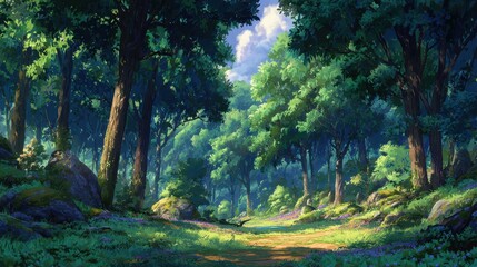Obraz premium Sunlit Forest Path Magical Woodland Scene