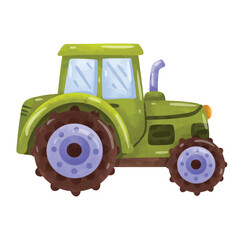 Watercolor hand painted  tractor, green tractor vector illustration, hand drawn watercolor painting style, tractor clip art, clip art tractor, isolated on white background