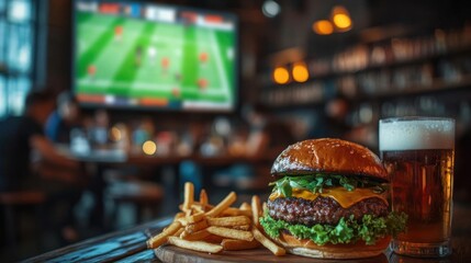 Enjoy Burger and Beer While Watching a Sport in Bar with Friends and Good Time
