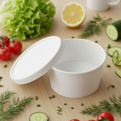 flat lay image of white blank paper bowl with lid for mockup on the table with green salad ingredients