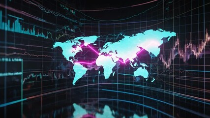 Global financial data analysis and economic trend visualization on animated world map with trading charts - Powered by Adobe